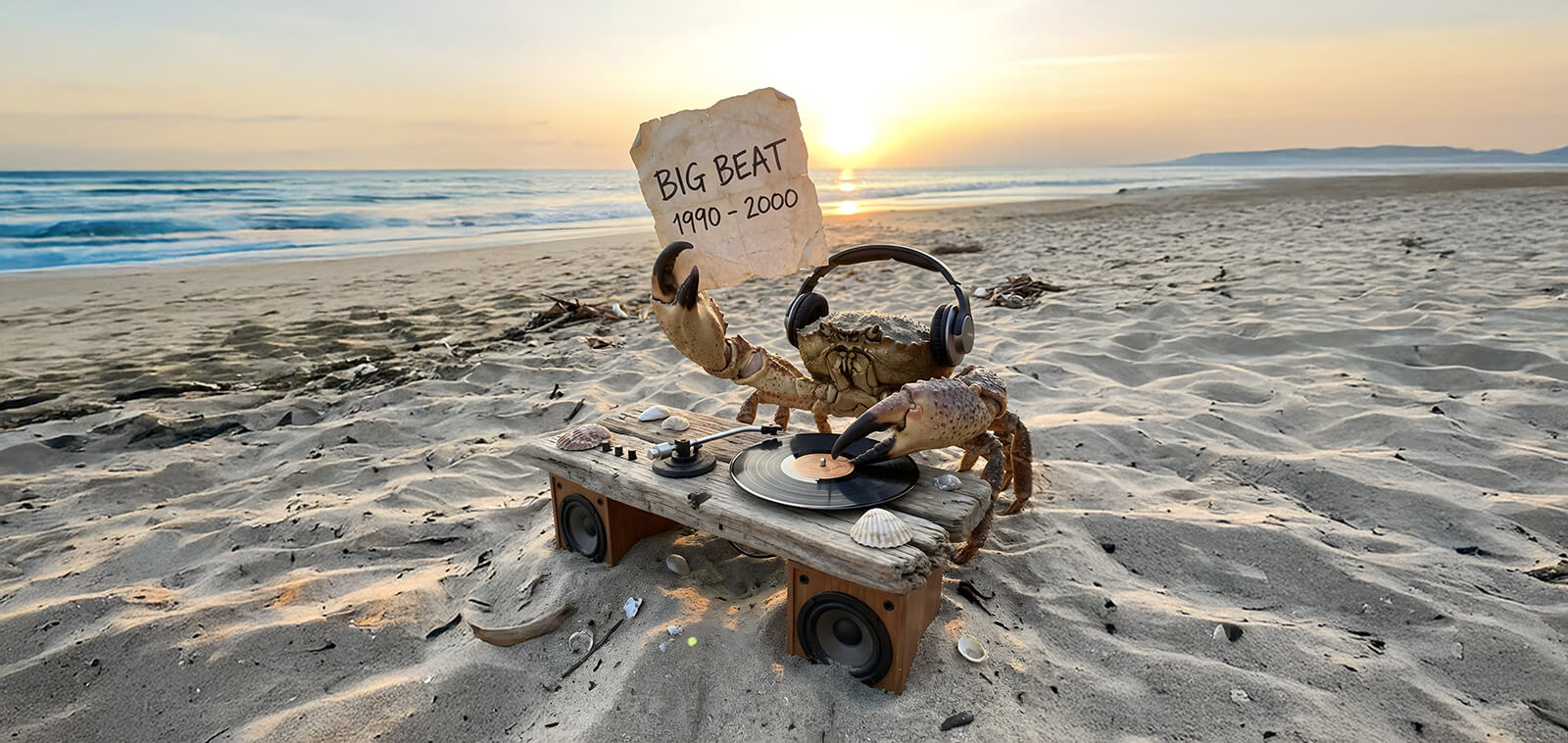 freepik edit create an image with a crab scratching dj on a bea wide